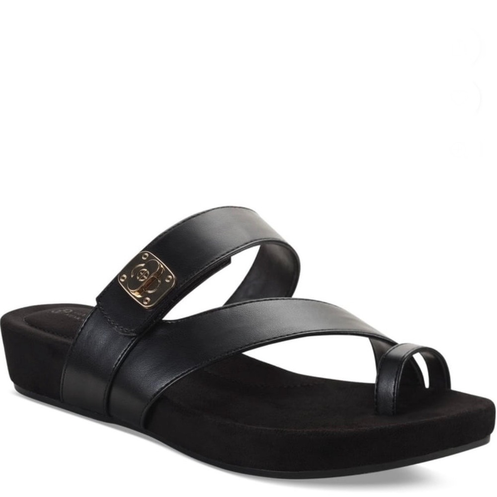 Giani Bernini Rilleyy Black Toe Loop Wedge Sandals Gold Hardware Womens 7.5 New